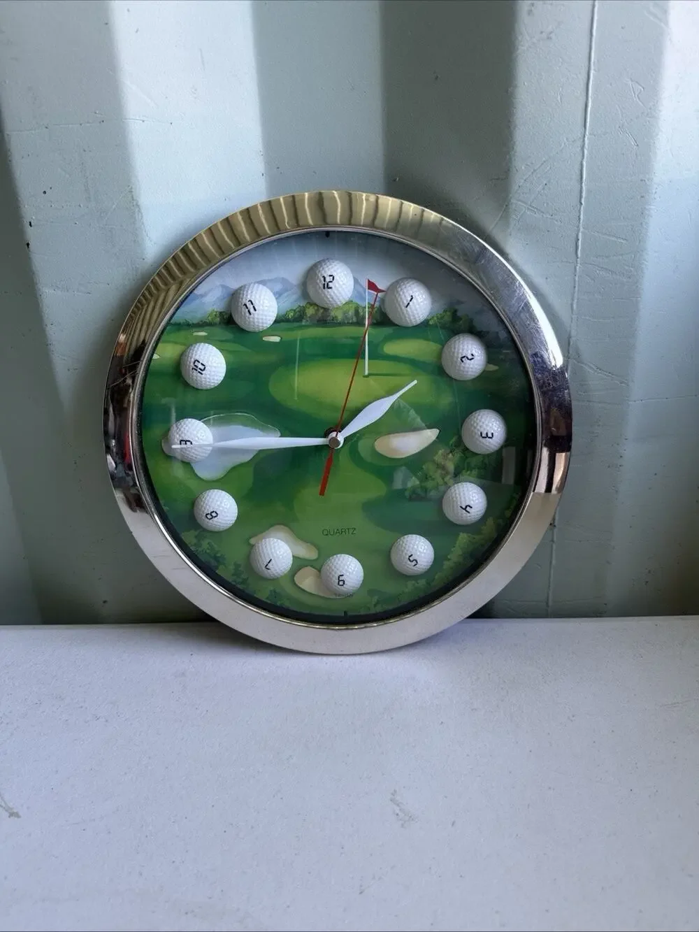 Working Golf Course Balls Wall Clock Quartz Chrome Rim 11 1/4